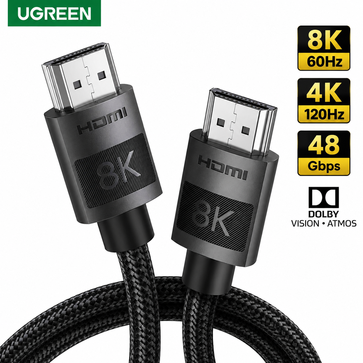 UGREEN 8K HDMI 2.1 cable with two black braided connectors and coiled black cable on a white background, featuring feature callouts for 8K 60Hz, 4K 120Hz, 48 Gbps, and Dolby Vision & Atmos.