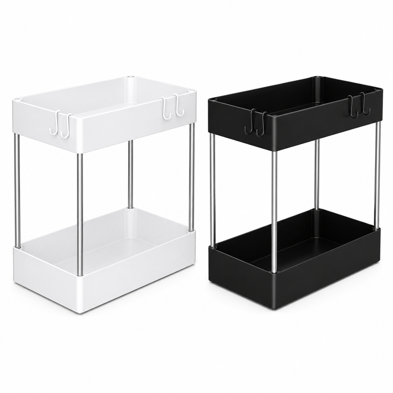 Two two-tier rolling storage organizers on a white background, one in white and one in black, both with silver metal legs and top hook details.