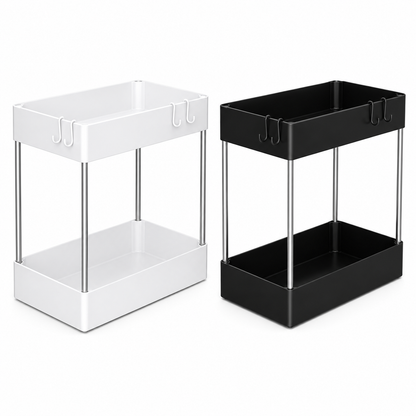 Two two-tier rolling storage organizers on a white background, one in white and one in black, both with silver metal legs and top hook details.