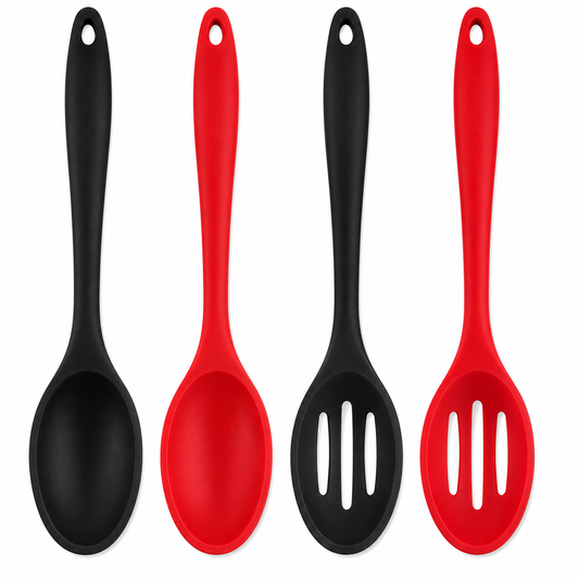 Four silicone kitchen utensils in two colors, alternating black and red, shown against a plain white background.