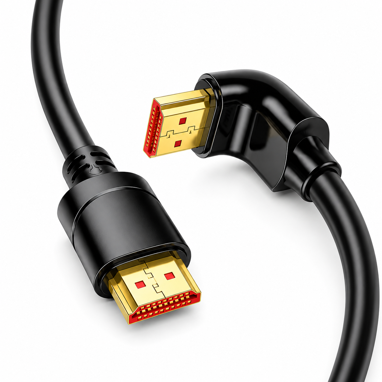 Black HDMI cable with gold-plated connectors, featuring a right-angle corner design on a clean white background.