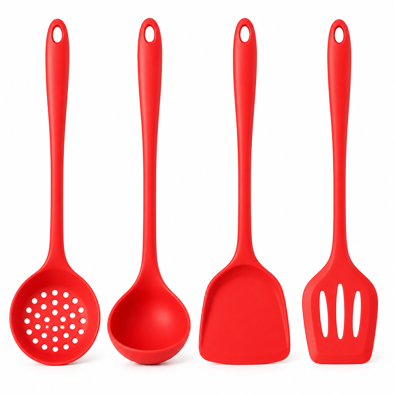 Four red silicone kitchen utensils with long handles, including a slotted spoon, a ladle, a spatula, and a turner, arranged side by side on a white background.