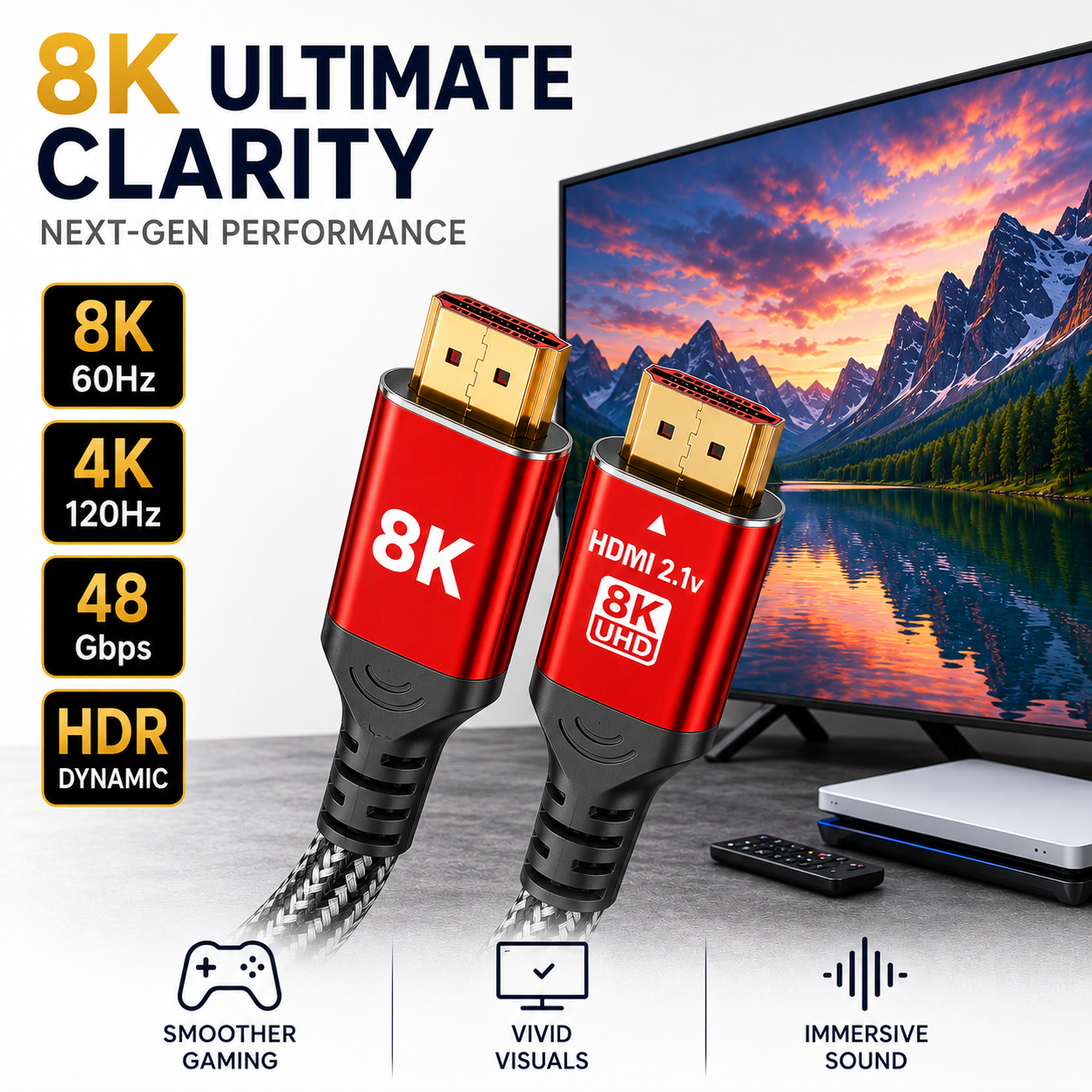 Two red and black HDMI 2.1 8K ultra-high speed cables shown in front of a TV displaying a mountain lake landscape, with marketing text and feature callouts for 8K clarity, 60Hz, 120Hz, 48Gbps, HDR dynamic, smoother gaming, vivid visuals, and immersive sound.