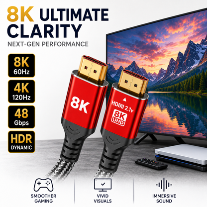 Two red and black HDMI 2.1 8K ultra-high speed cables shown in front of a TV displaying a mountain lake landscape, with marketing text and feature callouts for 8K clarity, 60Hz, 120Hz, 48Gbps, HDR dynamic, smoother gaming, vivid visuals, and immersive sound.