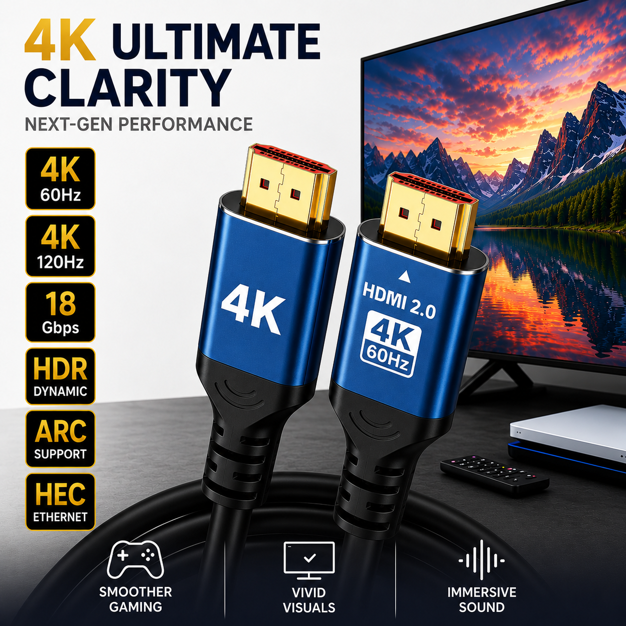 Two blue and black HDMI 2.0 4K cables shown in front of a TV displaying a mountain landscape, with marketing text and feature callouts for 4K 60Hz, 4K 120Hz, 18 Gbps, HDR dynamic, ARC support, HEC Ethernet, smoother gaming, vivid visuals, and immersive sound.