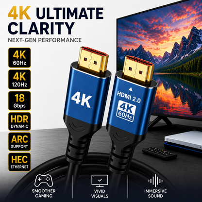Two blue and black HDMI 2.0 4K cables shown in front of a TV displaying a mountain landscape, with marketing text and feature callouts for 4K 60Hz, 4K 120Hz, 18 Gbps, HDR dynamic, ARC support, HEC Ethernet, smoother gaming, vivid visuals, and immersive sound.