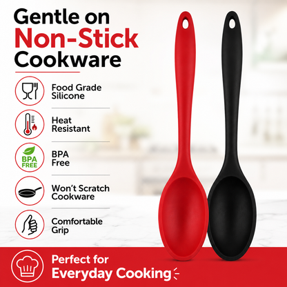 Two silicone kitchen spoons, one red and one black, shown on a clean white background with promotional text listing features like food grade silicone, heat resistance, BPA free, and comfortable grip.