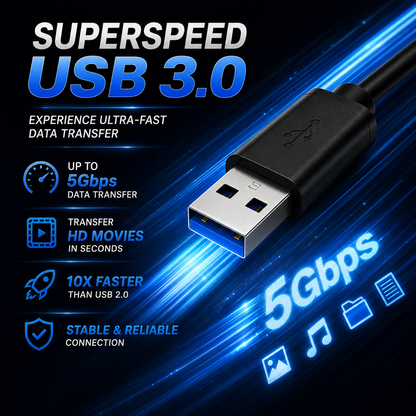 A black USB 3.0 cable connector shown on a dark blue and black promotional background with glowing blue light streaks and text highlighting 5Gbps super speed and reliable data transfer.