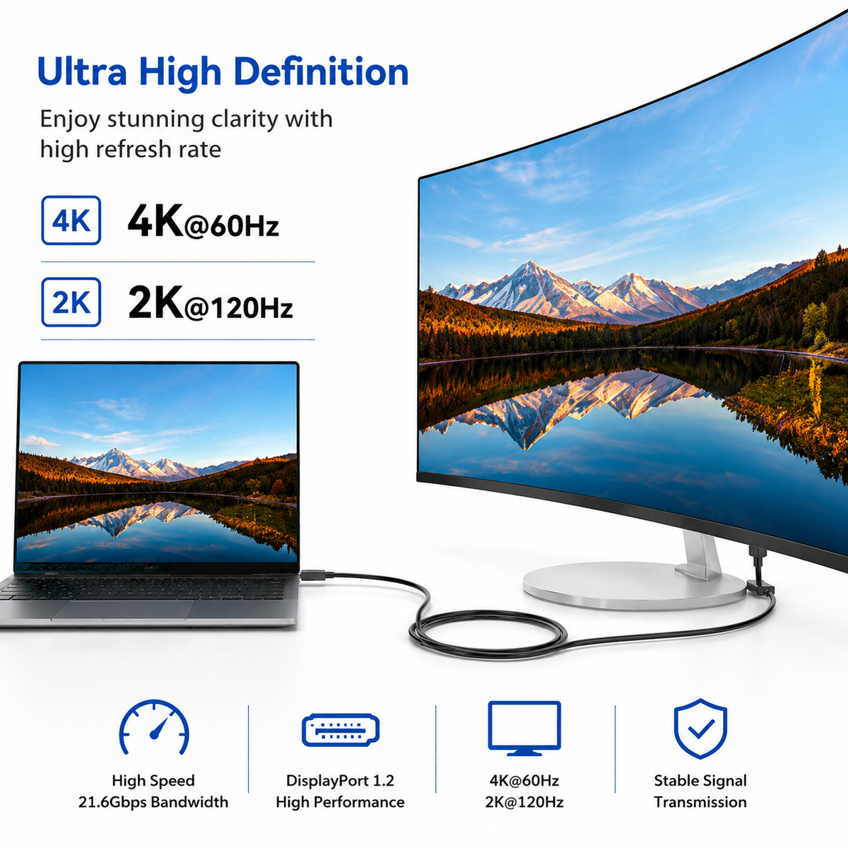 A curved monitor with a silver stand shown alongside a laptop on a white background, with text highlighting 4K and 2K resolution options and feature callouts such as high speed, DisplayPort 1.2, and stable signal transmission.