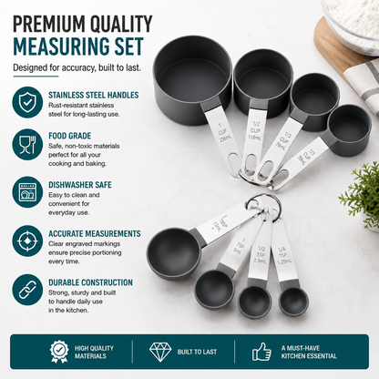 A premium measuring set with multiple nested cups and spoons in dark gray and silver, displayed on a light marble background with marketing text and icons on the left.