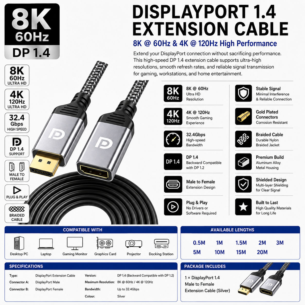 8K 60Hz DisplayPort Extension Cable DP 1.4 Male to Female 4K 120Hz 48Gbps