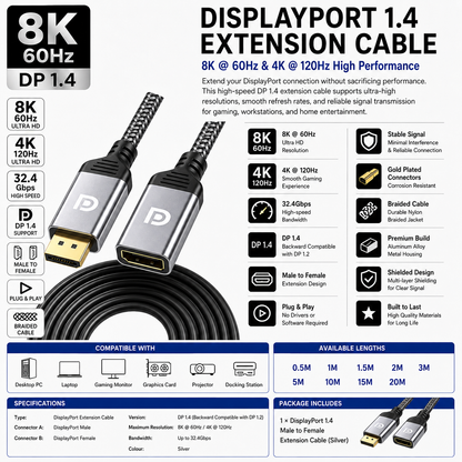 8K 60Hz DisplayPort Extension Cable DP 1.4 Male to Female 4K 120Hz 48Gbps