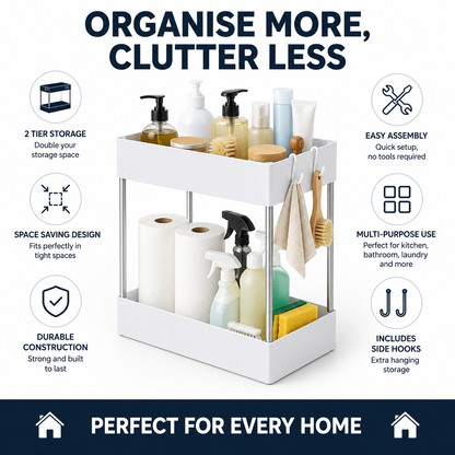 A white two-tier bathroom and kitchen organizer shelf with clear acrylic side supports, shown filled with toiletries and surrounded by feature callouts on a white background with dark navy text banners.