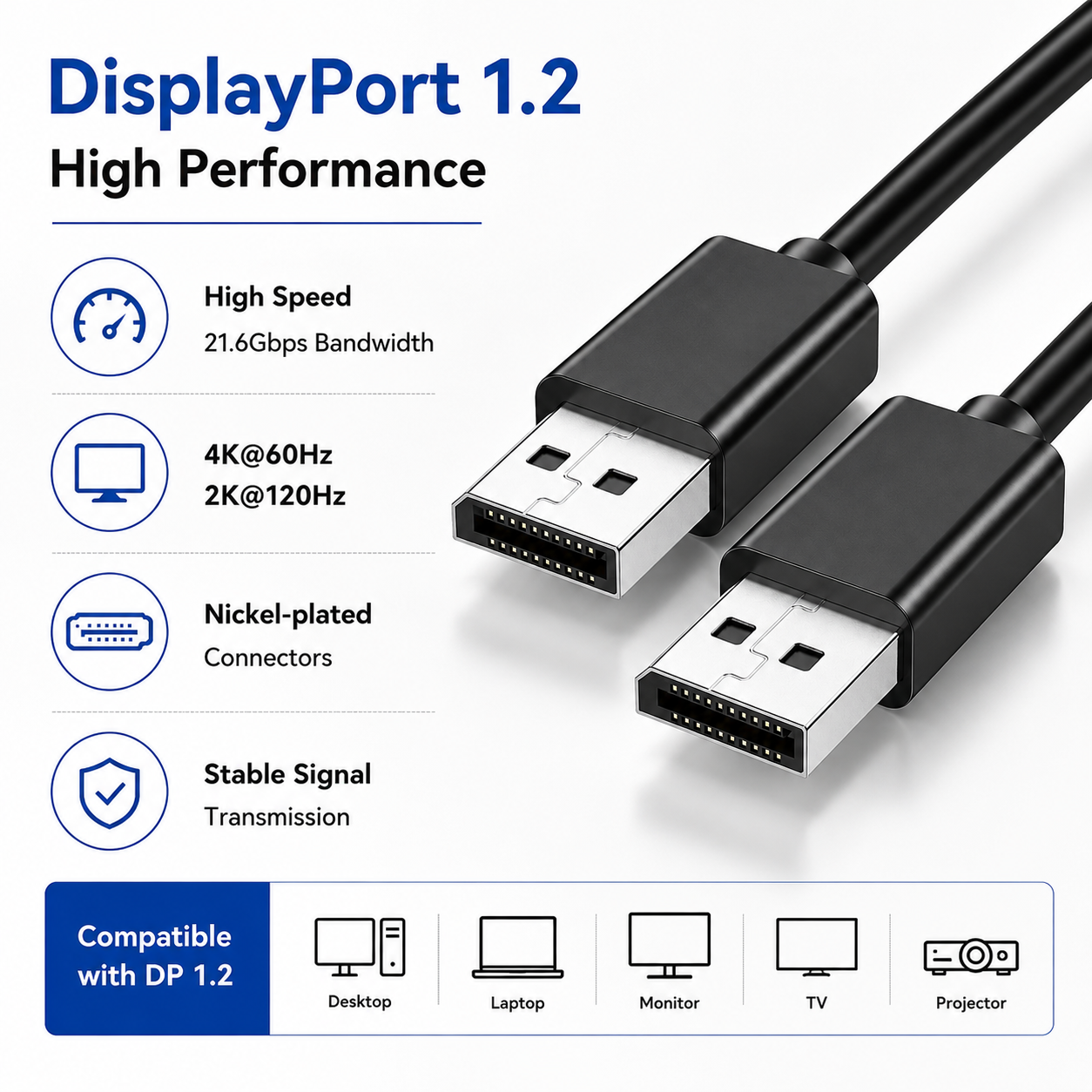 Black DisplayPort 1.2 high-performance cable with silver and black USB-C connector ends, shown on a white background with feature callouts for high speed, 4K@60Hz and 2K@120Hz, nickel-plated connectors, and stable signal transmission.