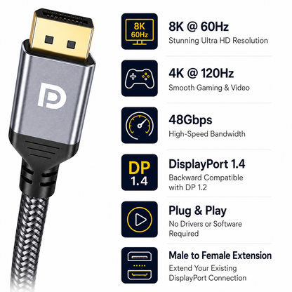 8K 60Hz DisplayPort Extension Cable DP 1.4 Male to Female 4K 120Hz 48Gbps