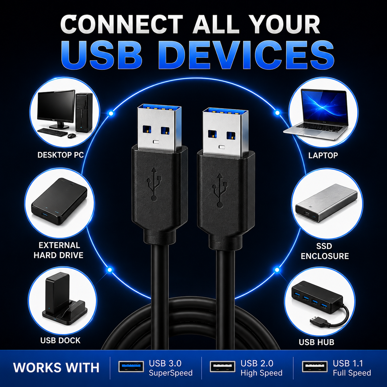 A black USB cable with two USB 3.0 male connectors shown in a promotional graphic.
