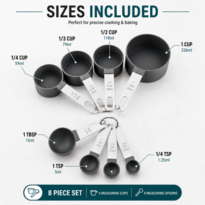 An 8-piece measuring cup and spoon set arranged on a light gray background with text labels showing sizes from 1/4 cup to 1 tablespoon and 1 teaspoon. The cups have dark gray interiors and silver metal handles, and the spoons have matching dark gray interiors and silver metal handles.