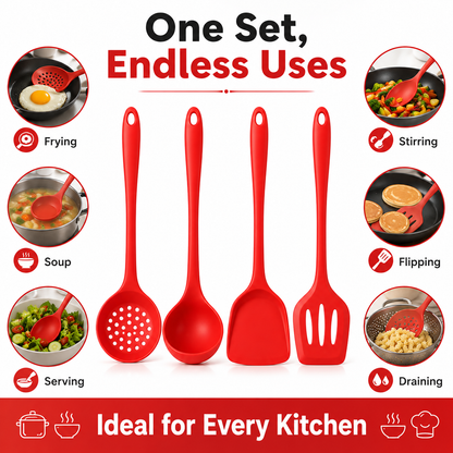 Four red silicone kitchen utensils are shown against a white background with text reading 'One Set, Endless Uses' and circular inset photos demonstrating uses such as frying, stirring, soup, flipping, serving, and draining.