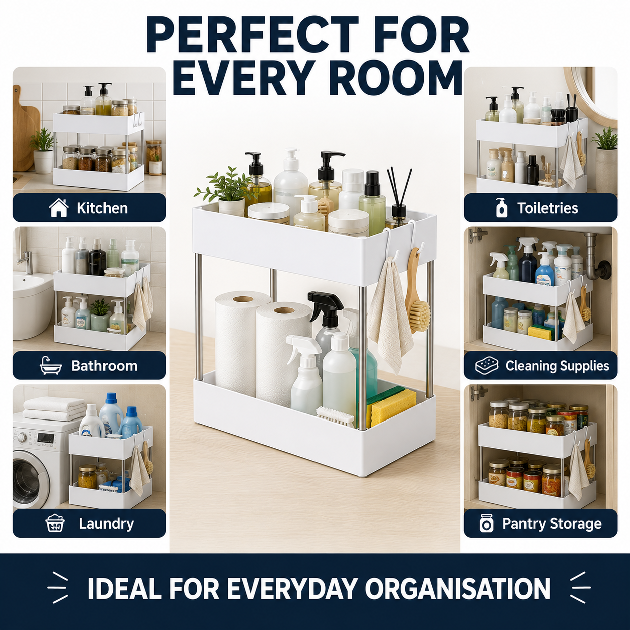 A white two-tier bathroom and home organization cart shown in a collage with labeled inset photos for kitchen, bathroom, toilettries, cleaning supplies, laundry, and pantry storage. Large text reads 'PERFECT FOR EVERY ROOM' and 'IDEAL FOR EVERYDAY ORGANISATION.