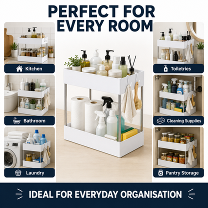 A white two-tier bathroom and home organization cart shown in a collage with labeled inset photos for kitchen, bathroom, toilettries, cleaning supplies, laundry, and pantry storage. Large text reads 'PERFECT FOR EVERY ROOM' and 'IDEAL FOR EVERYDAY ORGANISATION.