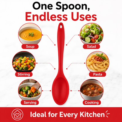 A red silicone kitchen spoon is centered on a white background with marketing text reading 'One Spoon, Endless Uses' and six circular food-use examples including soup, salad, stirring, pasta, serving, and cooking.