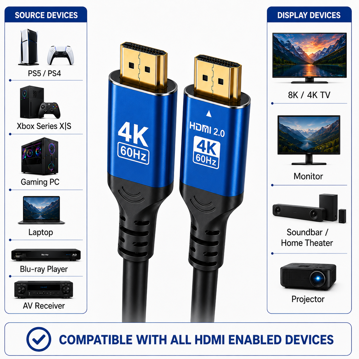 Blue and black HDMI 2.0 4K 60Hz cable shown in the center, with compatible source devices listed on the left and display devices listed on the right, plus a compatibility banner at the bottom.