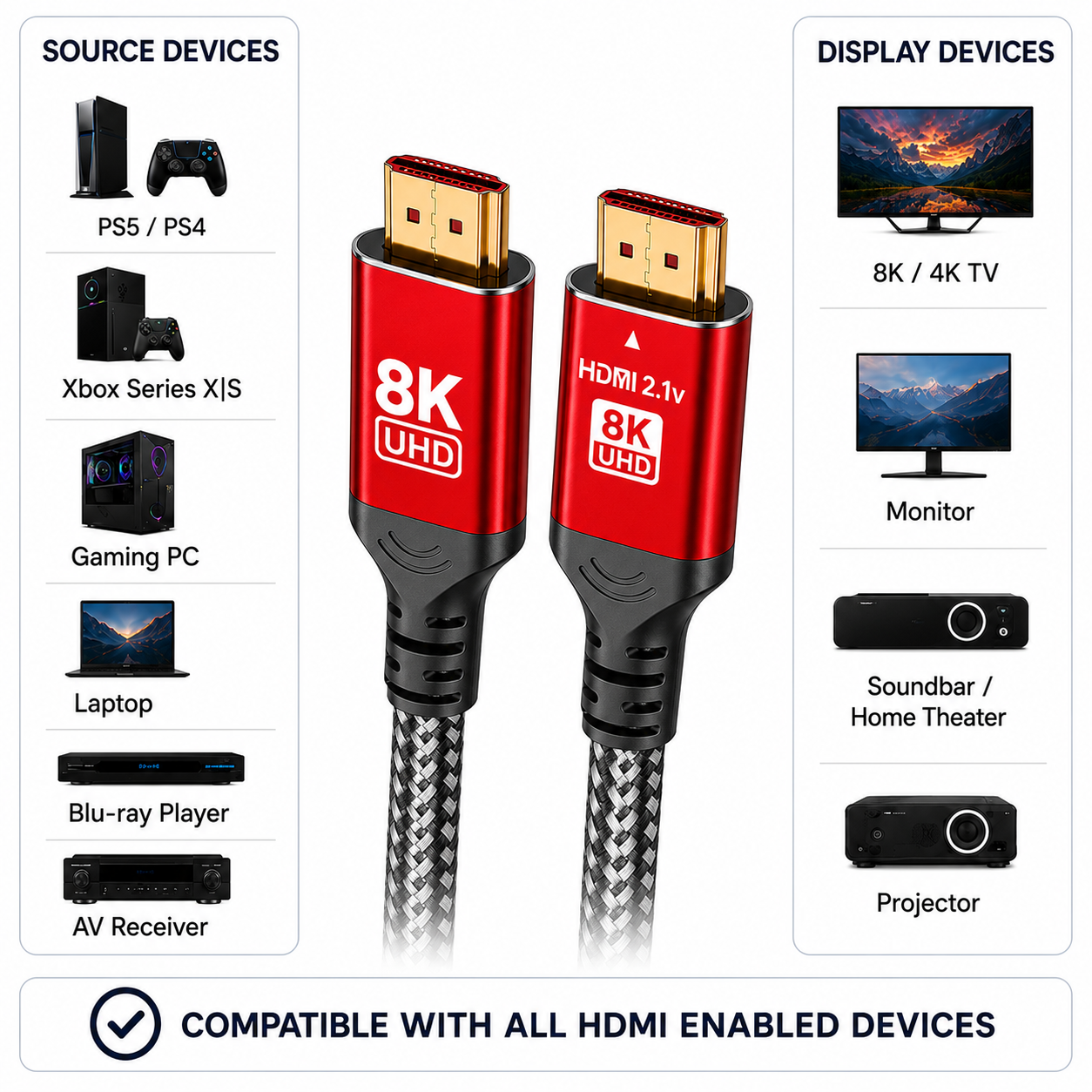 An HDMI 2.1 8K UHD cable shown in the center of a white infographic.
