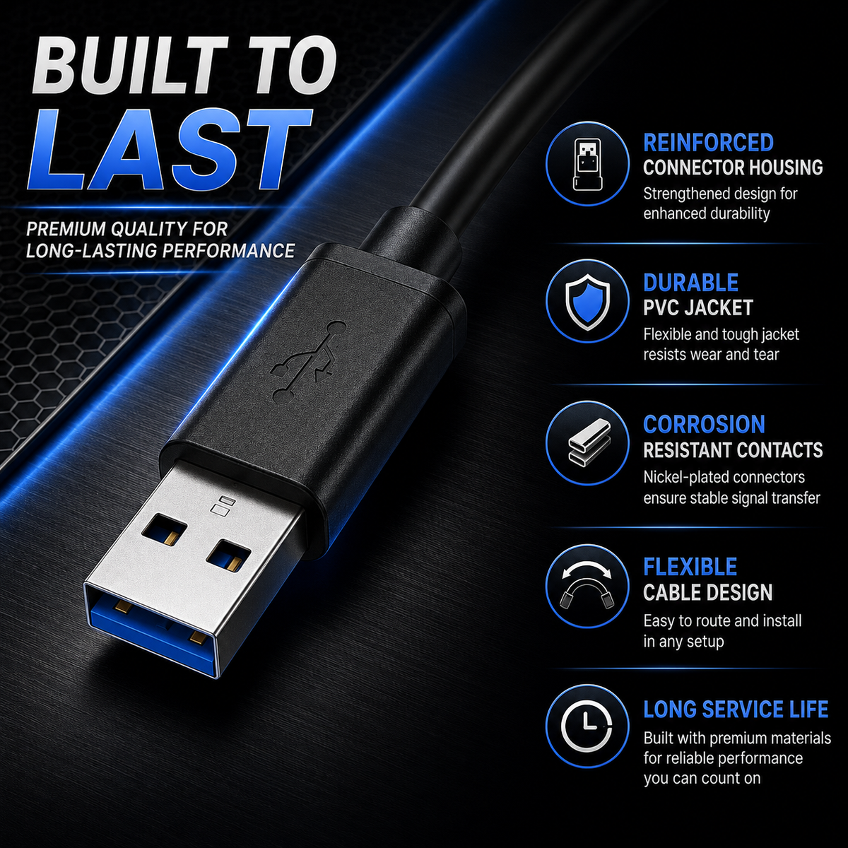 A close-up of a black USB cable connector with a blue USB-A plug, shown on a dark textured background with glowing blue light effects and marketing text highlighting durability and resistance features.