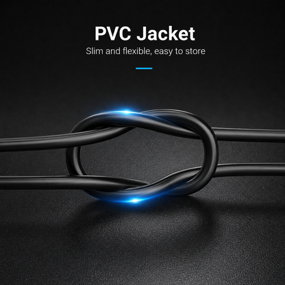 Black cable with a glossy PVC jacket, shown in a looped knot shape on a dark textured background with text reading 'PVC Jacket' and 'Slim and flexible, easy to store'.