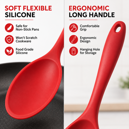 Red silicone ladle with text callouts on a split background, showing 'SOFT FLEXIBLE SILICONE' and 'ERGONOMIC LONG HANDLE' features.