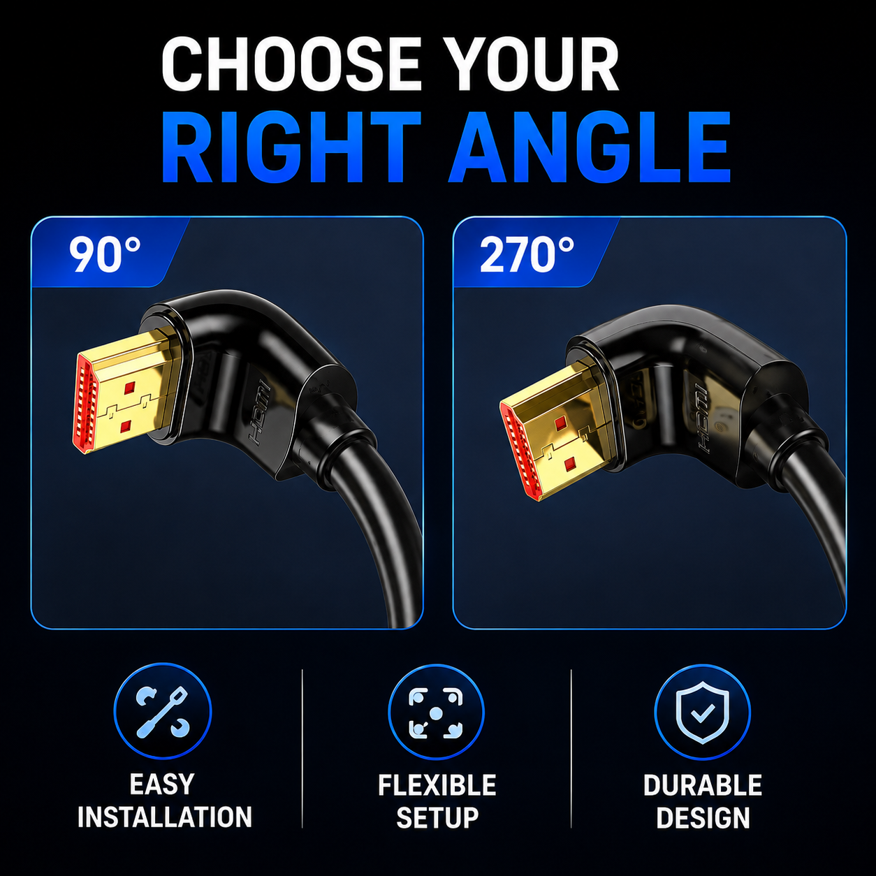 Promotional graphic for an HDMI right-angle cable showing two angle options: 90 degrees and 270 degrees. The image features black cables with gold-plated HDMI connectors, set against a dark blue and black background with text highlighting features like 'Easy Installation', 'Flexible Setup', and 'Durable Design'.