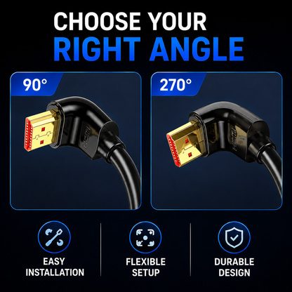 Promotional graphic for an HDMI right-angle cable showing two angle options: 90 degrees and 270 degrees. The image features black cables with gold-plated HDMI connectors, set against a dark blue and black background with text highlighting features like 'Easy Installation', 'Flexible Setup', and 'Durable Design'.
