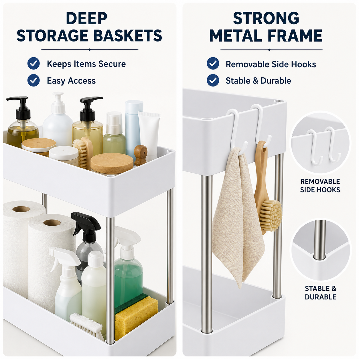 White two-tier bathroom storage cart with chrome legs and side hooks, shown with toiletries and text callouts highlighting deep storage baskets and strong metal frame.