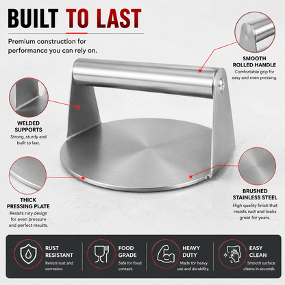 A stainless steel food server or serving utensil shown on a light gray background with callout circles and text highlighting features such as a smooth rolled handle, welded supports, thick pressing plate, brushed steel finish, rust resistance, food grade safety, heavy duty durability, and easy cleaning.