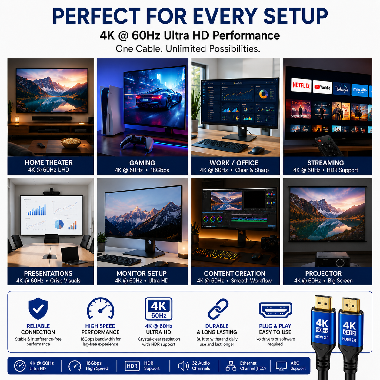 Promotional infographic for a 4K @ 60Hz ultra HD cable, showing multiple desktop setup examples including home theater, gaming, work/office, streaming, presentations, monitor setup, content creation, and projector use. The image includes a large blue cable graphic at the bottom right and text highlighting high speed, 4K Ultra HD, HDMI 2.