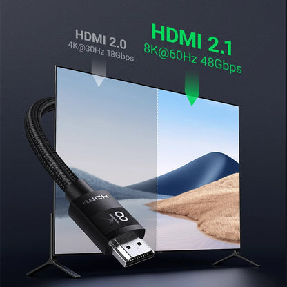HDMI 2.1 cable with 8K@60Hz support displayed against a scenic background