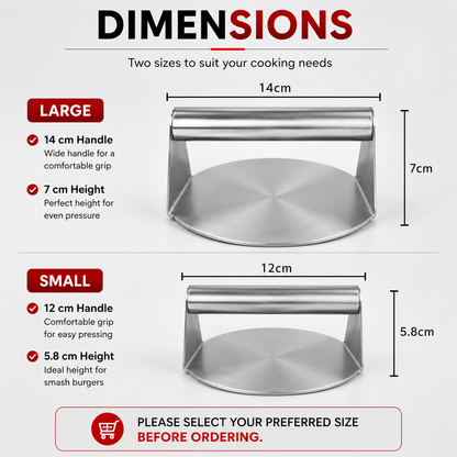 A dimensions chart for two stainless steel burger press stand sizes, labeled LARGE and SMALL, with measurements for handle width, height, and stand depth on a light gray background.