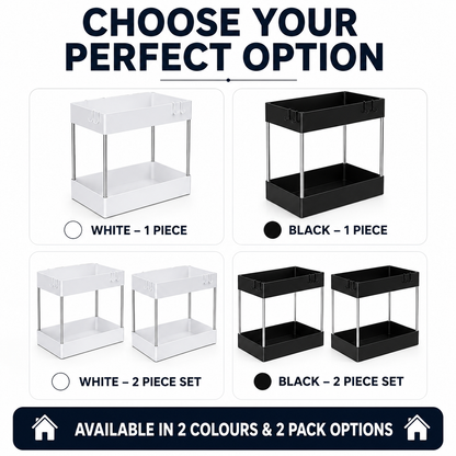 A product options graphic showing two shelving units in white and two in black, with text reading 'CHOOSE YOUR PERFECT OPTION' and 'AVAILABLE IN 2 COLOURS & 2 PACK OPTIONS'.