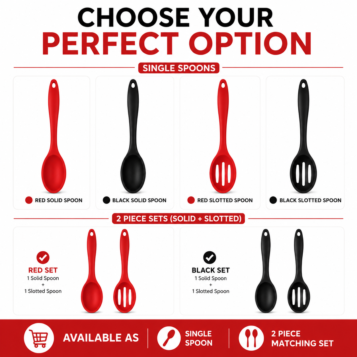 An infographic showing color options for kitchen spoons, with sections for single spoons and 2-piece sets. It displays red and black solid spoons and red and black slotted spoons, with labels indicating solid, slotted, and matching set options.