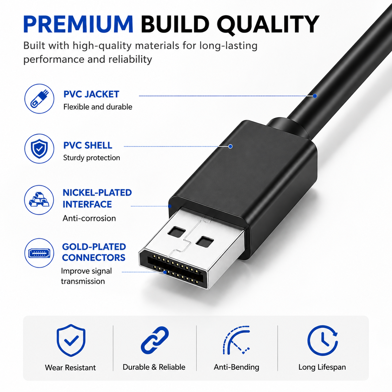 Black USB-A to USB-C cable with a detailed feature infographic highlighting its premium build quality, including a PVC jacket, PVC shell, nickel-plated interface, and gold-plated connectors.