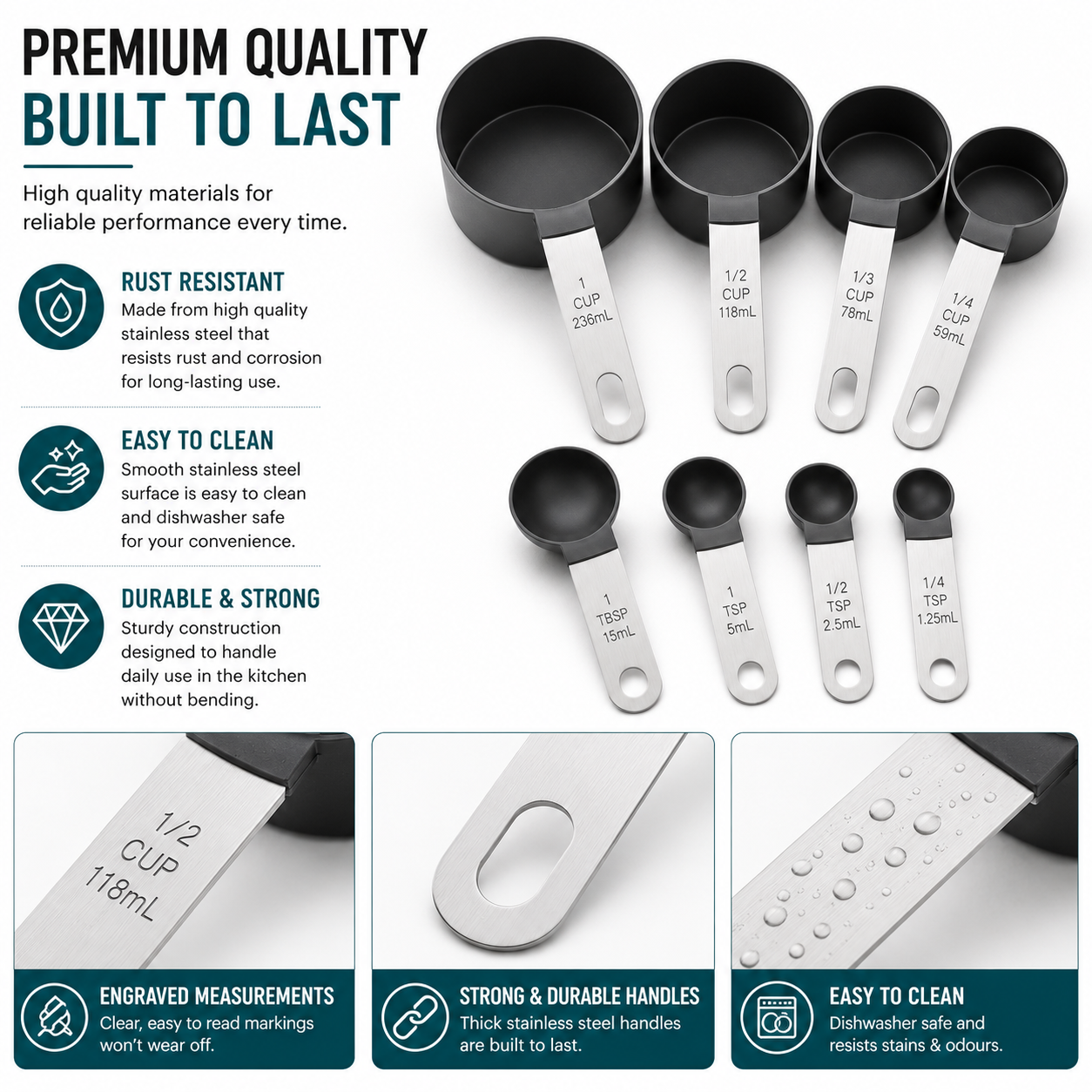 A set of stainless steel measuring cups in multiple sizes with white handles, shown alongside marketing text and feature callouts on a dark teal background. The cups are labeled with measurements such as 1/2 cup, 1/4 cup, 1/3 cup, 1 tsp, 1/2 tsp, and 1/4 tsp.