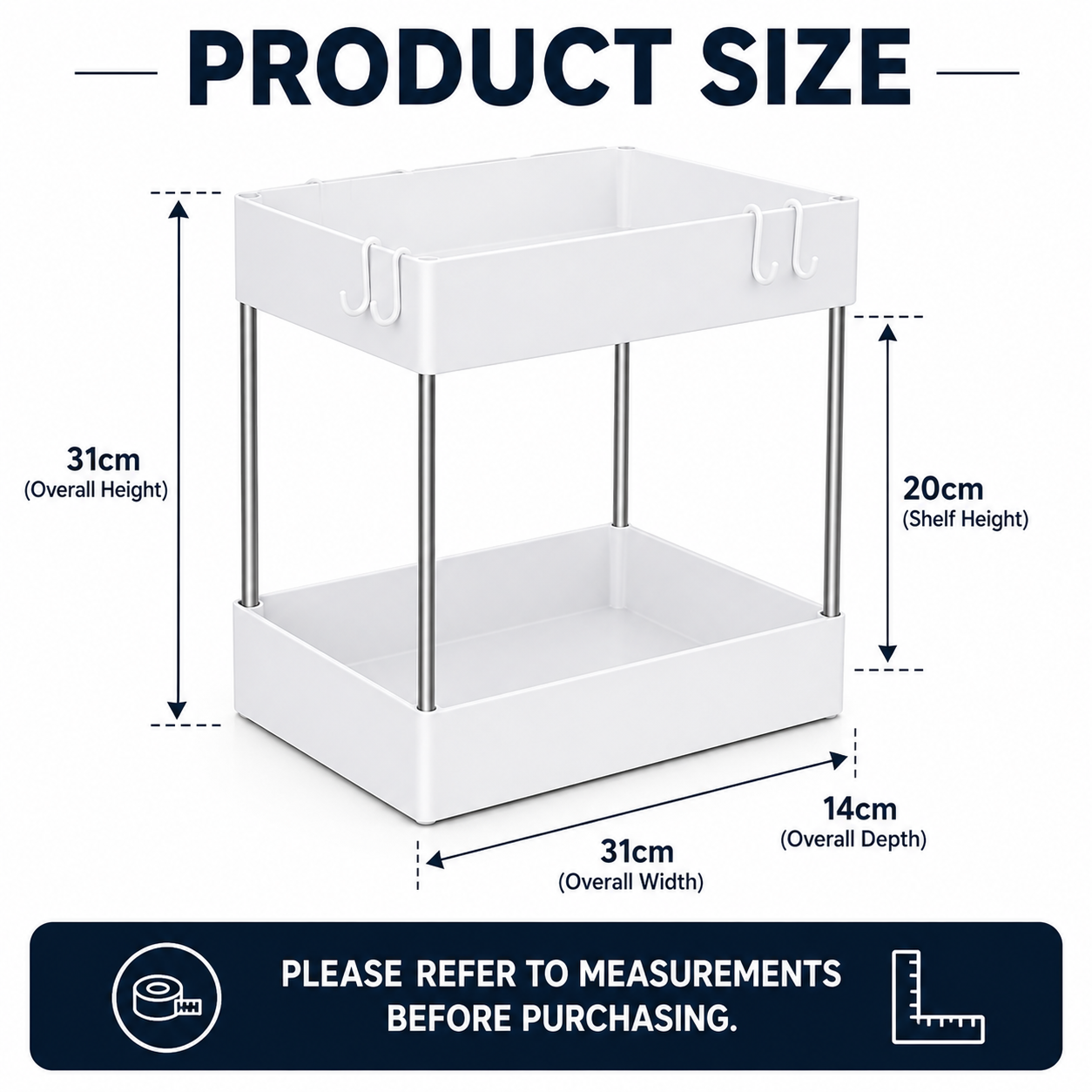 Product size diagram of a two-tier white plastic and metal storage organizer, showing overall height of 31cm, shelf height of 20cm, overall width of 31cm, and overall depth of 14cm with measurement arrows.