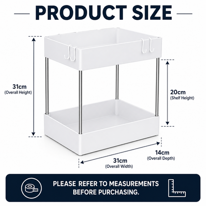 Product size diagram of a two-tier white plastic and metal storage organizer, showing overall height of 31cm, shelf height of 20cm, overall width of 31cm, and overall depth of 14cm with measurement arrows.