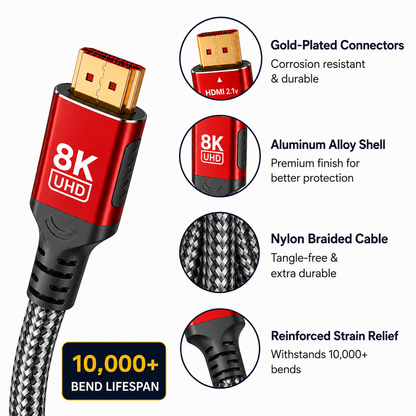An 8K HDMI 2.1 cable with two red and black connector housings and a black-and-white braided cable, shown on a white background with feature callouts on the left.