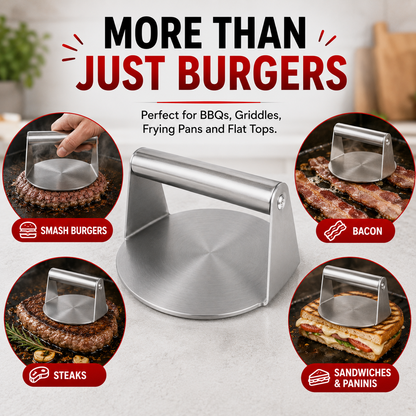 A stainless steel burger press shown on a light countertop with promotional text reading 'MORE THAN JUST BURGERS' and circular inset photos demonstrating use on burgers, bacon, steaks, and sandwiches.