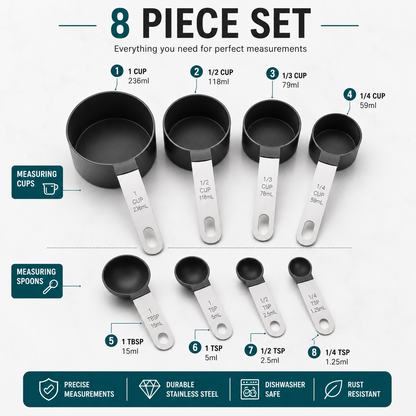 An 8-piece stainless steel measuring cup and spoon set displayed on a light gray background with size labels and feature icons. The set includes cups from 1 cup to 1/4 cup and spoons from 1 tablespoon to 1/4 teaspoon, with text indicating they are made of durable stainless steel, processed measurements, dishwasher safe, and rust resistant.