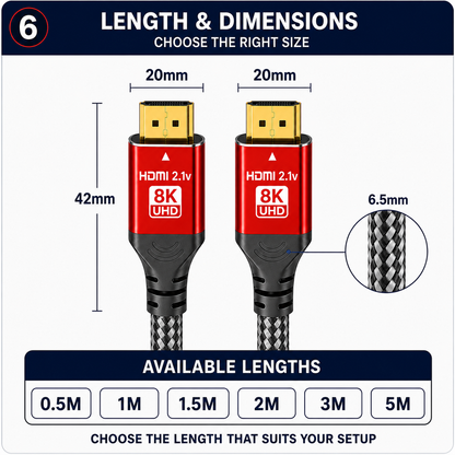 A product information graphic for an HDMI 2.1 8K UHD cable showing length and dimensions.