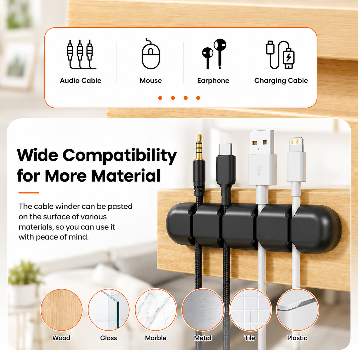 A black cable organizer clip holding several charging cables on a wooden surface, shown with marketing text and compatibility callouts for wood, glass, marble, metal, tile, and plastic surfaces.