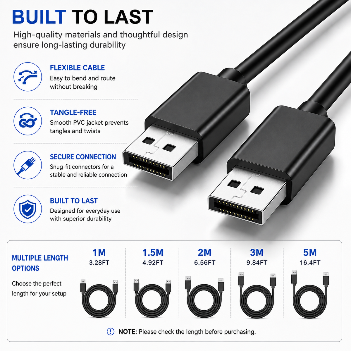 Black USB-A to USB-C cable with product features and length options displayed on a white background.