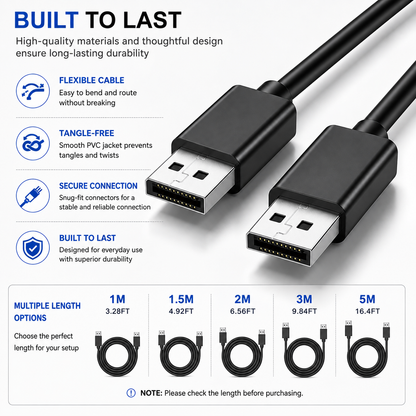 Black USB-A to USB-C cable with product features and length options displayed on a white background.